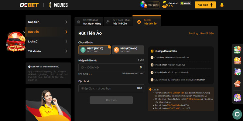 Hỗ trợ Rút Tiền DEBET 24/7 - Trải nghiệm siêu nhanh & tiện lợi